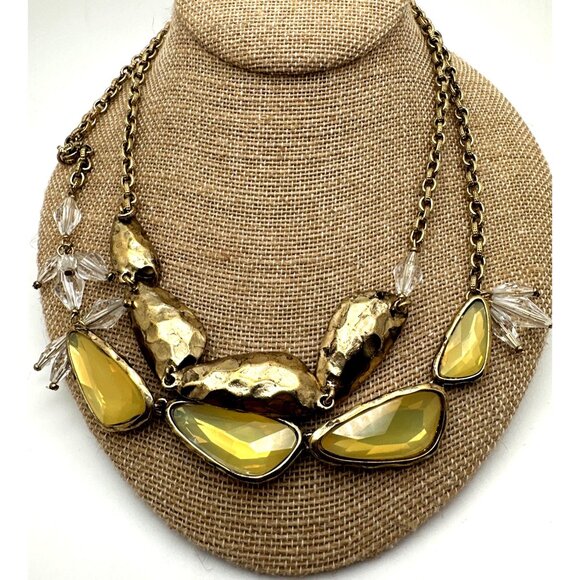 Vintage Statement Necklace Yellow Faceted Beads Antiqued Gold Tone Mid Century - Picture 3 of 7